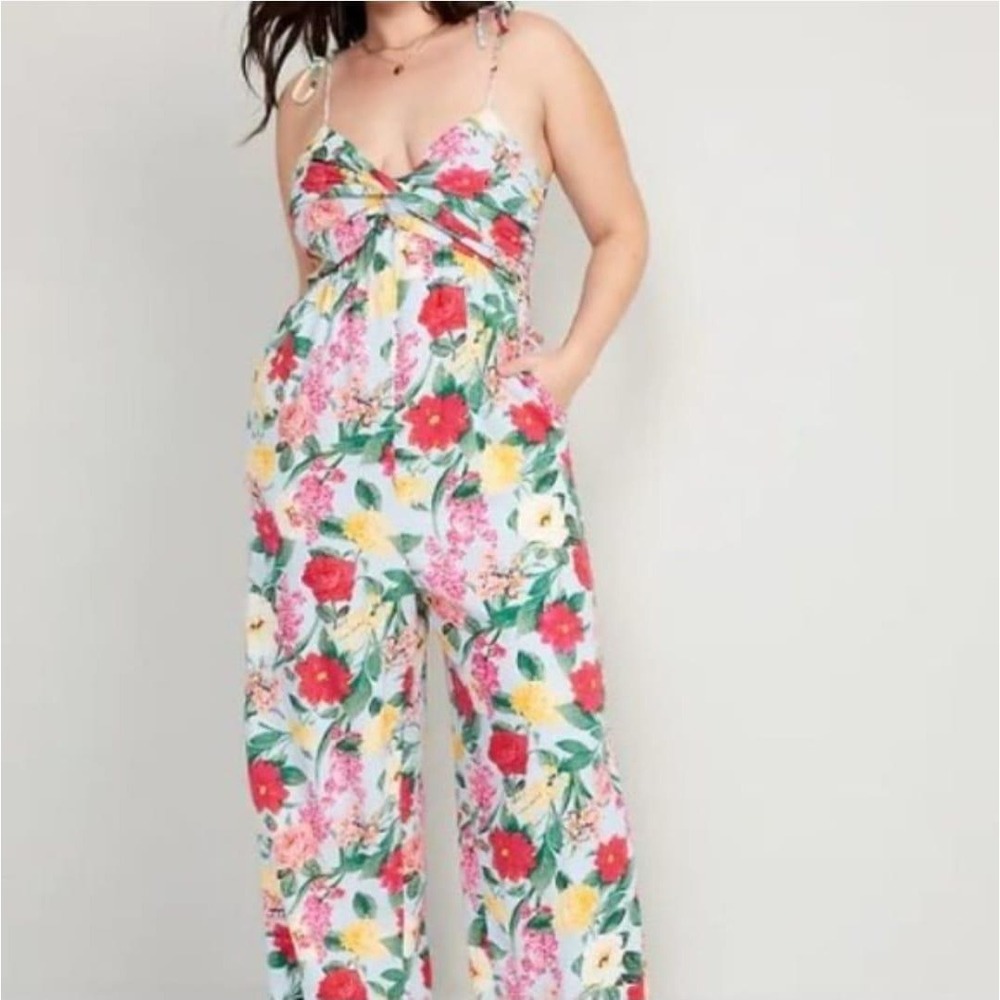 Old‎ Navy Womens XL Floral Linen Blend Twist Front Wide Leg Jumpsuit Blue NWT